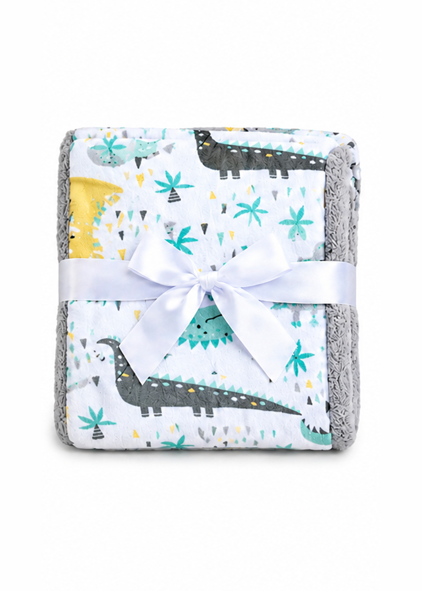 Folded blanket with dinosaur pattern and gray border on a white background