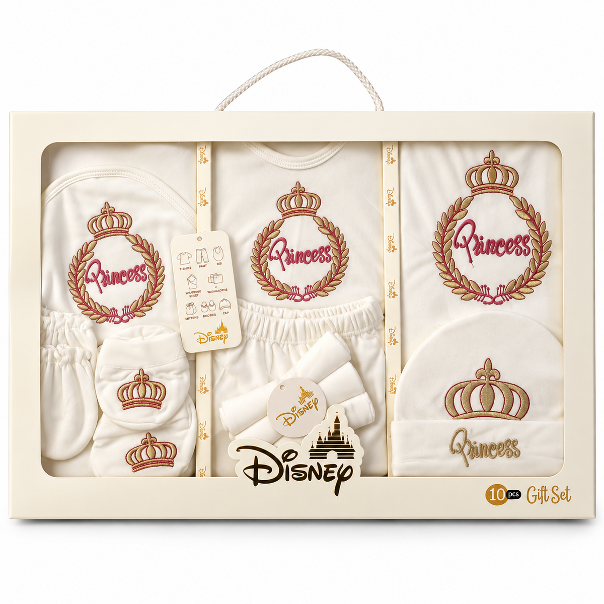 Disney Prince 10-piece newborn winter starter gift set in white with crown and Prince embroidery