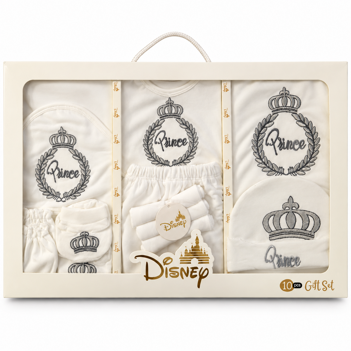 Disney Princess 10-piece newborn winter starter gift set in white with crown and Princess embroidery