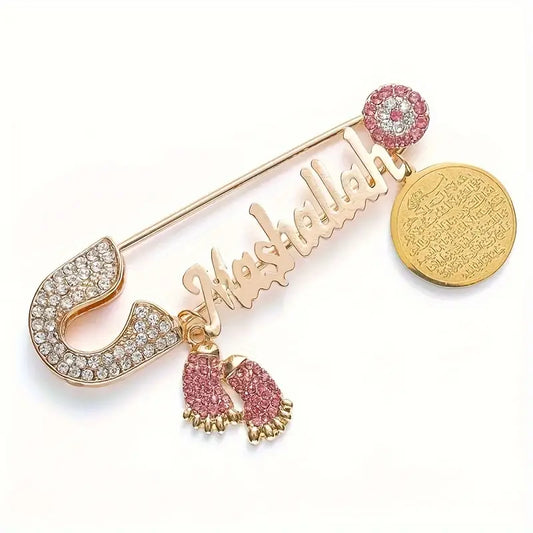 Pack of 1 Fashion Alloy Safety Pin with "Mashallah" Inscription and Pink Rhinestone Footprint Charm