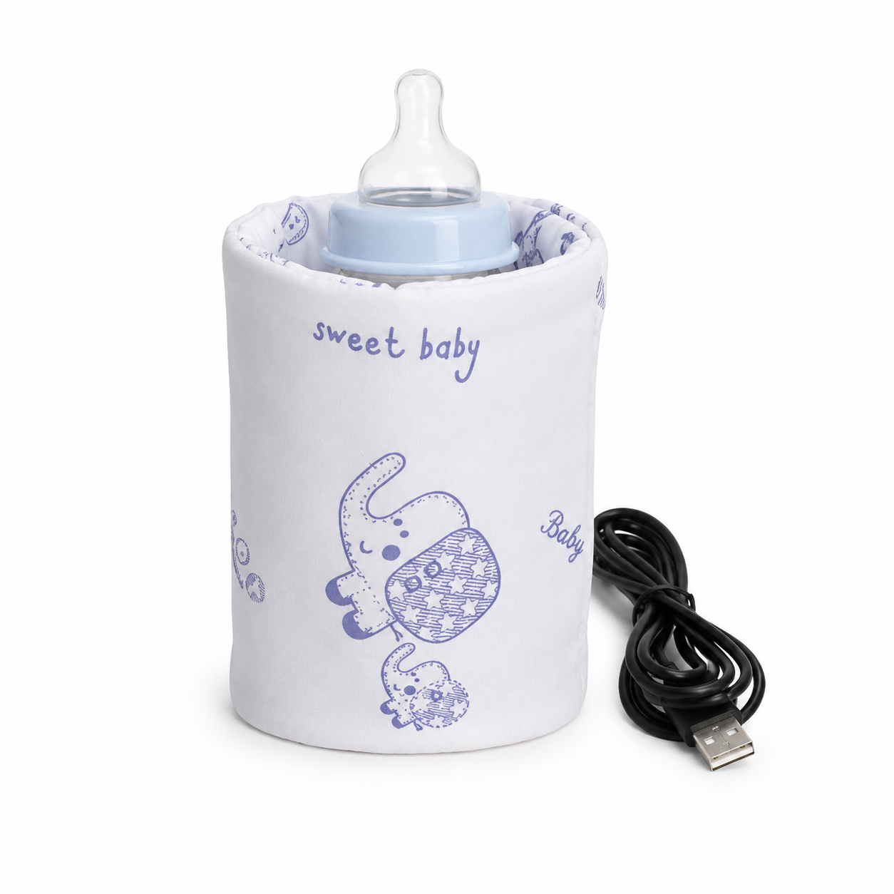 A baby bottle warmer sleeve with a blue elephant and 'sweet baby' text print, holding a baby bottle, shown with a black USB charging cable on a white background.