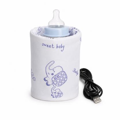 A baby bottle warmer sleeve with a blue elephant and 'sweet baby' text print, holding a baby bottle, shown with a black USB charging cable on a white background.