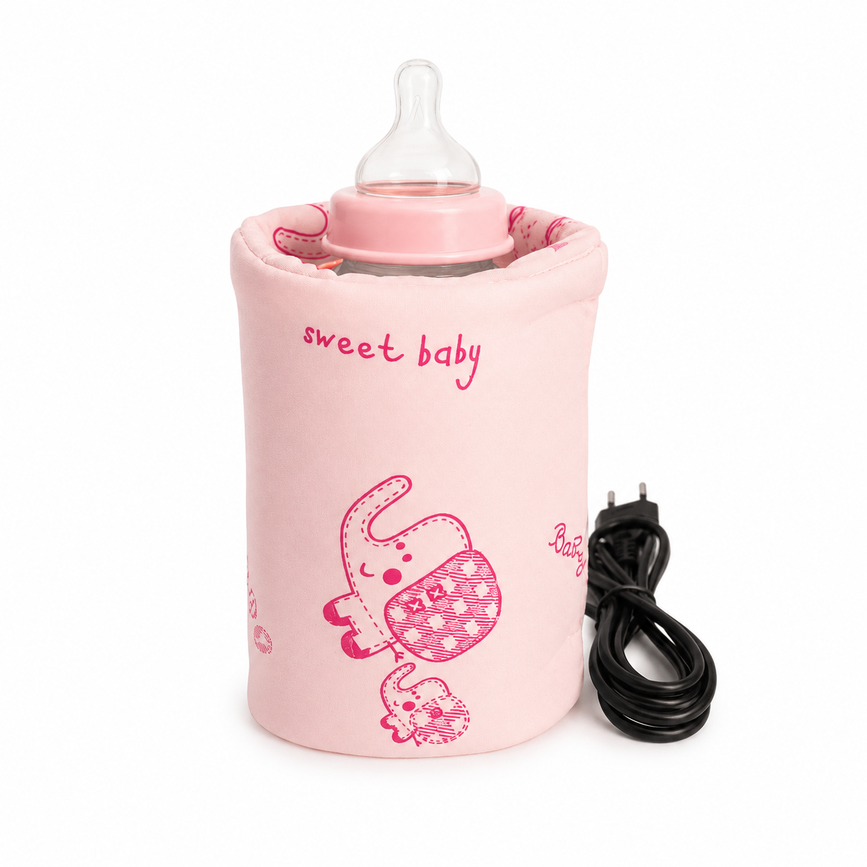 A pink electric baby bottle warmer with a matching pink insulated sleeve, featuring a cartoon elephant design and the text 'sweet baby'. A clear baby bottle is placed inside, and a black power cord is visible next to it on a white background.