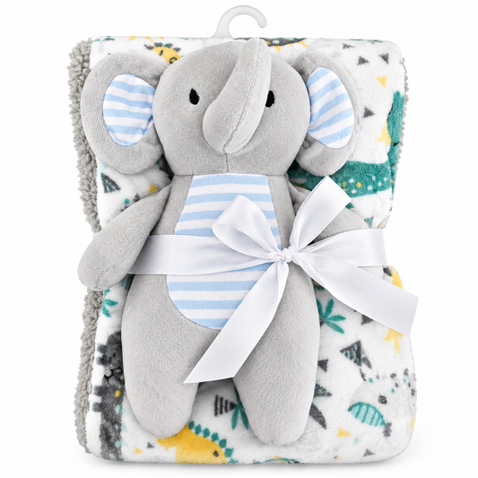Grey elephant plush toy with 36 x 36 inch Sherpa fleece baby blanket