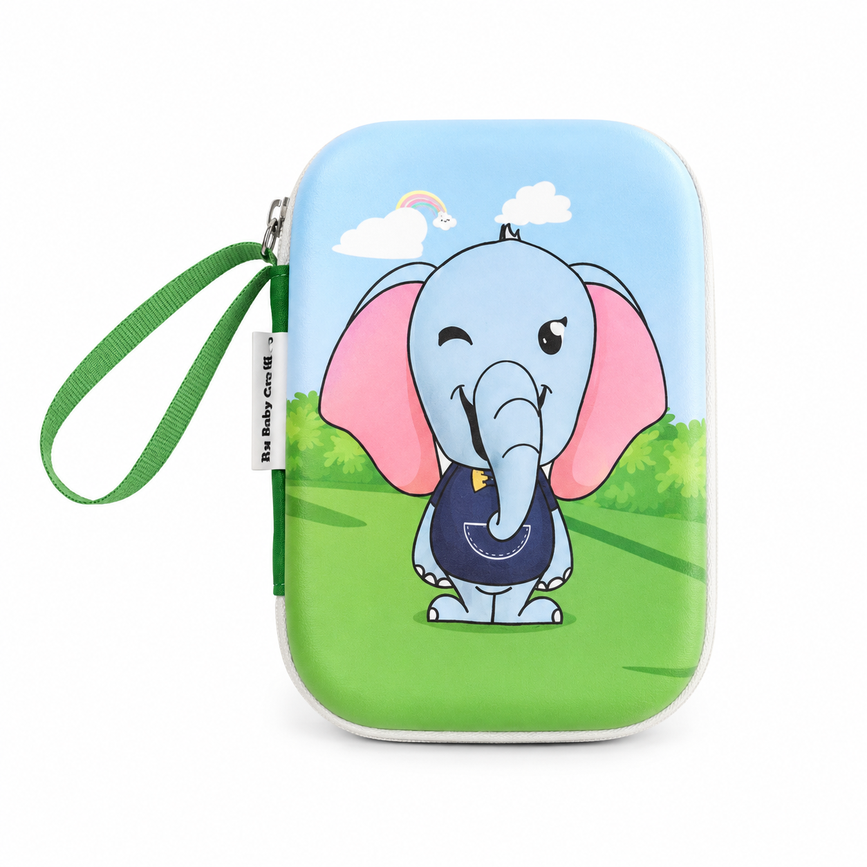 A hard-shell zippered pouch featuring a cartoon baby elephant character on a colorful printed background, with a green wrist strap attached on the left side.