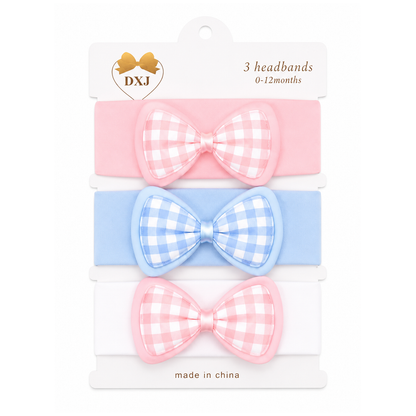 Bow Check Premium Cotton 3 Piece Headband Set