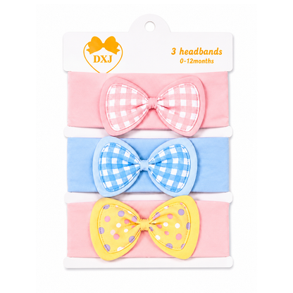 Bow Check Premium Cotton 3 Piece Headband Set
