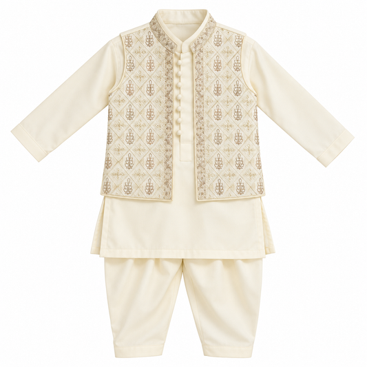 Ivory Royal Embroidered Waistcoat Kurta Set