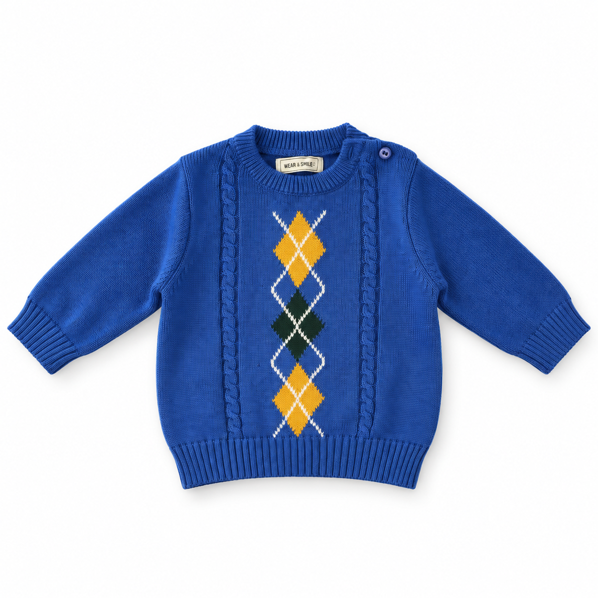 Classic Blue Argyle Cable-Knit Baby Sweater
