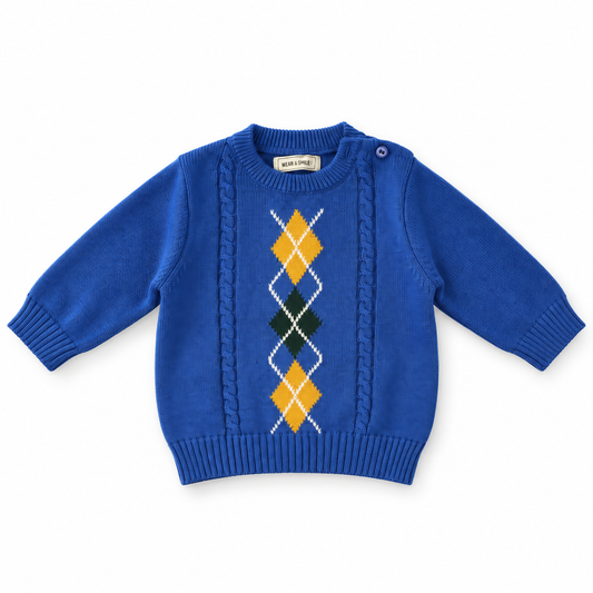 Classic Blue Argyle Cable-Knit Baby Sweater