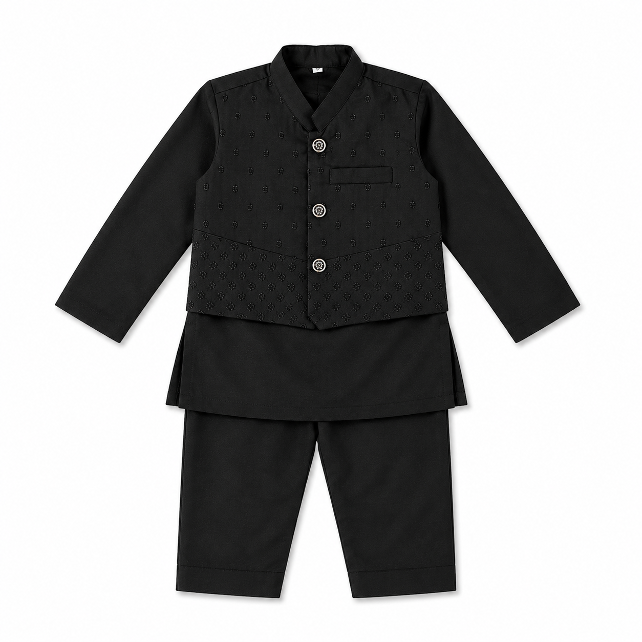 Black Doted Kurta Set With Waist Coat