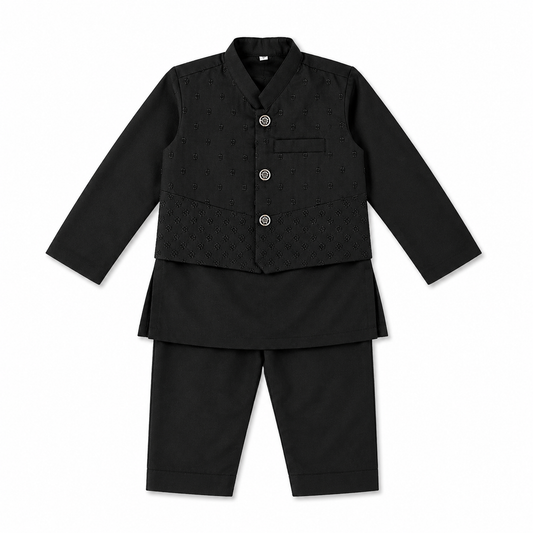 Black Doted Kurta Pajama With Waist Coat