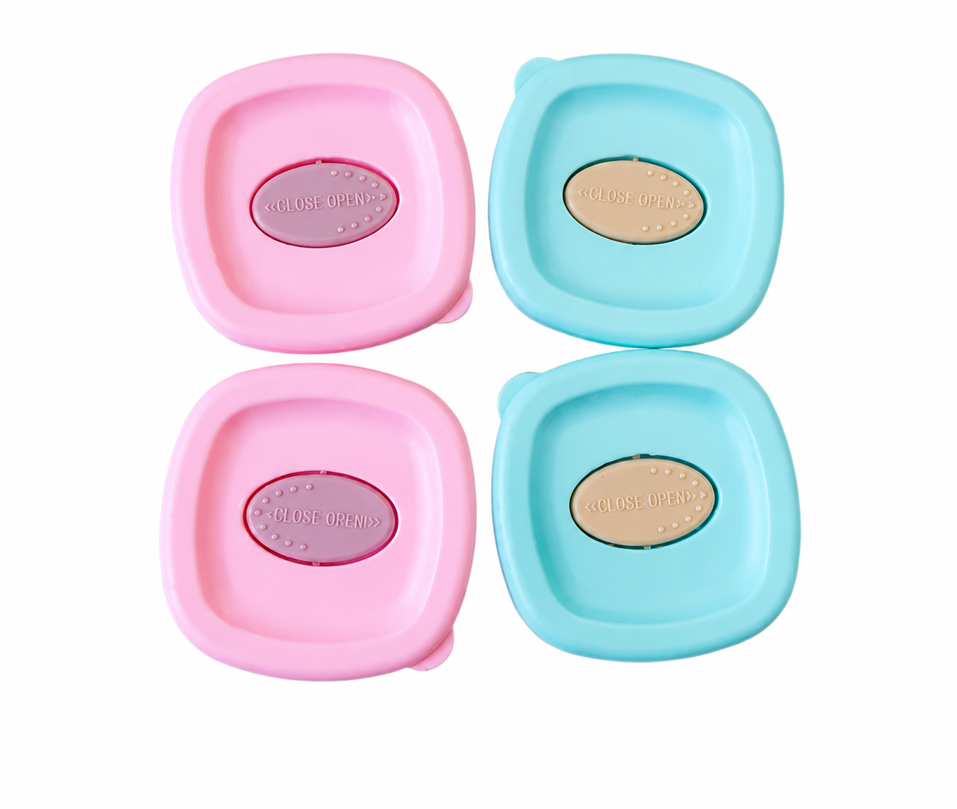 Two pink and two blue food containers with 'Close Up' branding on a white background