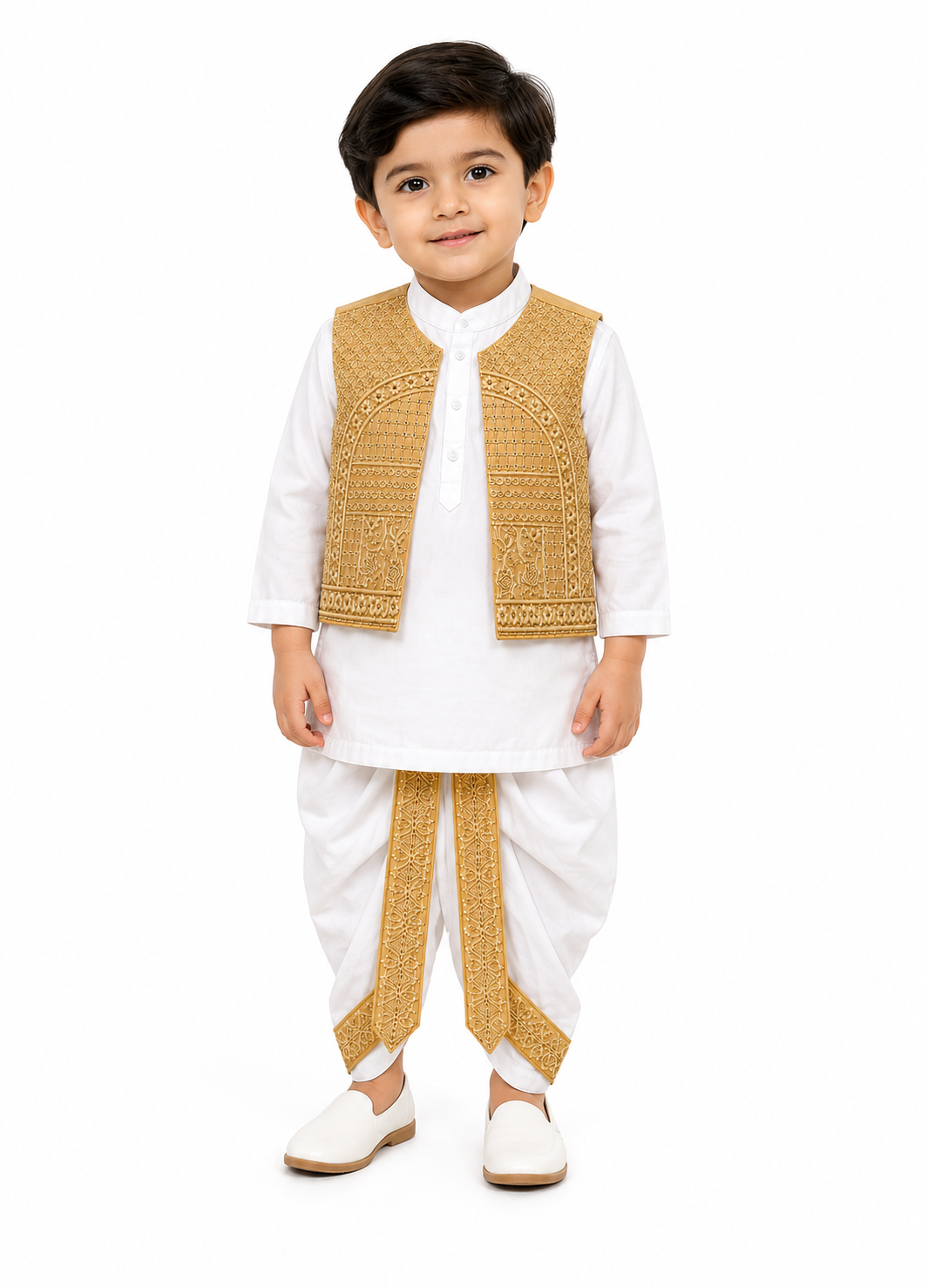 A young boy modeling a traditional outfit consisting of a white kurta, white dhoti pants, and a gold embroidered vest, set against a plain white background.