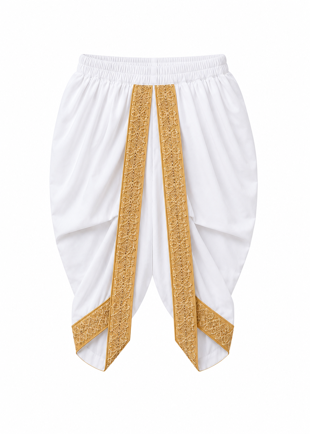White traditional draped pants with ornate gold embroidered trim down the front and at the pointed hems, shown on a plain white background.