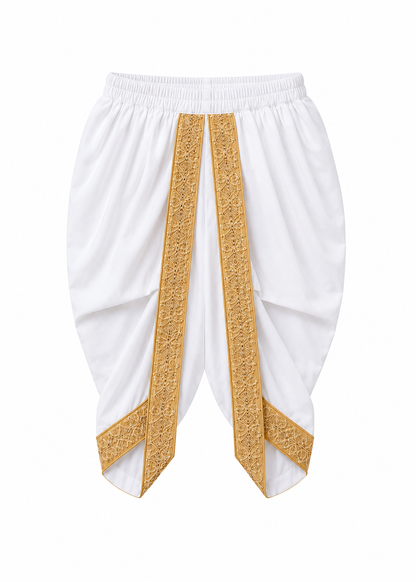 White traditional draped pants with ornate gold embroidered trim down the front and at the pointed hems, shown on a plain white background.