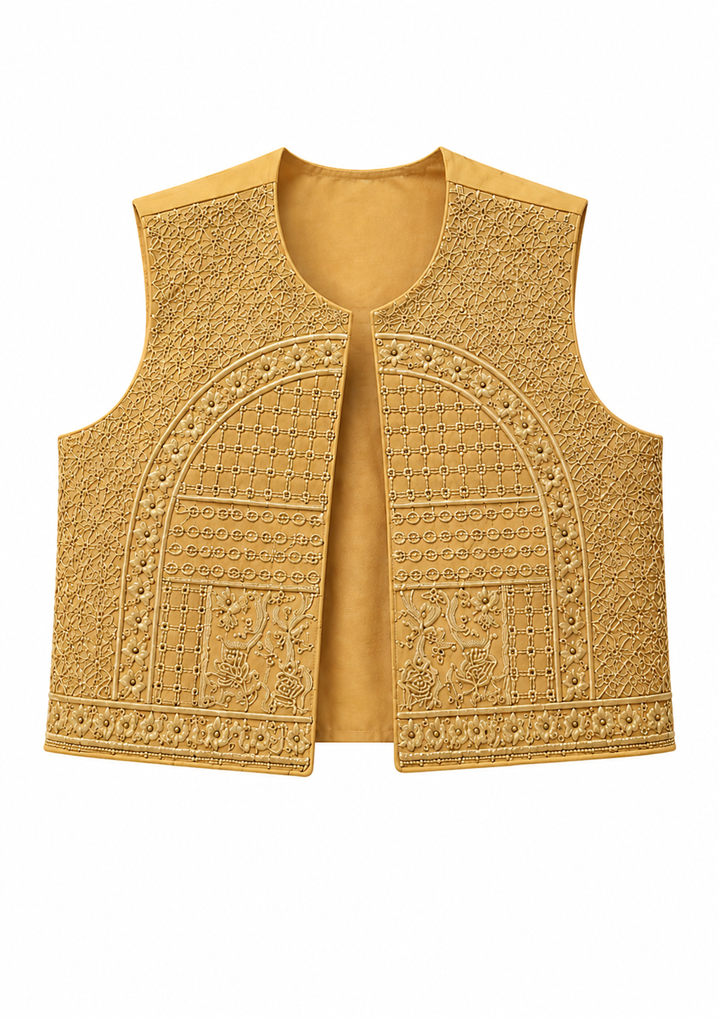A sleeveless golden-yellow embroidered vest with intricate geometric and floral patterns, shown against a plain white background.