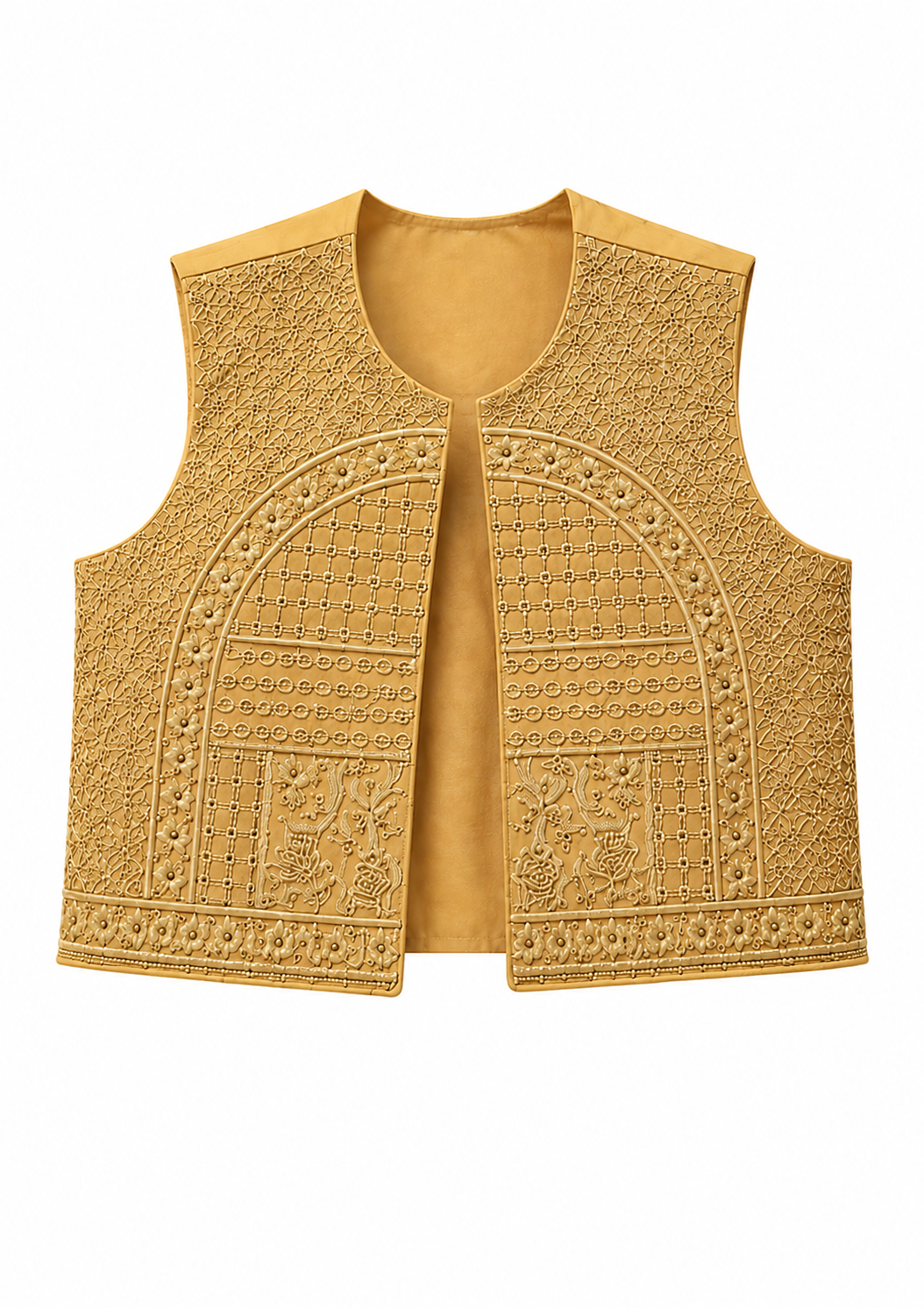 A sleeveless golden-yellow embroidered vest with intricate geometric and floral patterns, shown against a plain white background.
