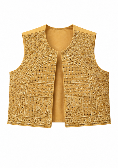 A sleeveless golden-yellow embroidered vest with intricate geometric and floral patterns, shown against a plain white background.
