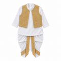 A traditional Indian outfit for boys, featuring a white kurta with three-quarter sleeves, white dhoti pants with gold embroidered borders, and a gold embroidered vest draped over the shoulders.