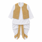 A traditional Indian outfit for boys, featuring a white kurta with three-quarter sleeves, white dhoti pants with gold embroidered borders, and a gold embroidered vest draped over the shoulders.