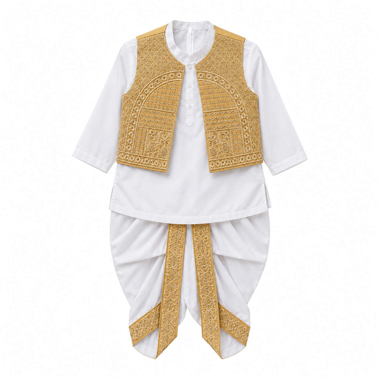 A traditional Indian outfit for boys, featuring a white kurta with three-quarter sleeves, white dhoti pants with gold embroidered borders, and a gold embroidered vest draped over the shoulders.