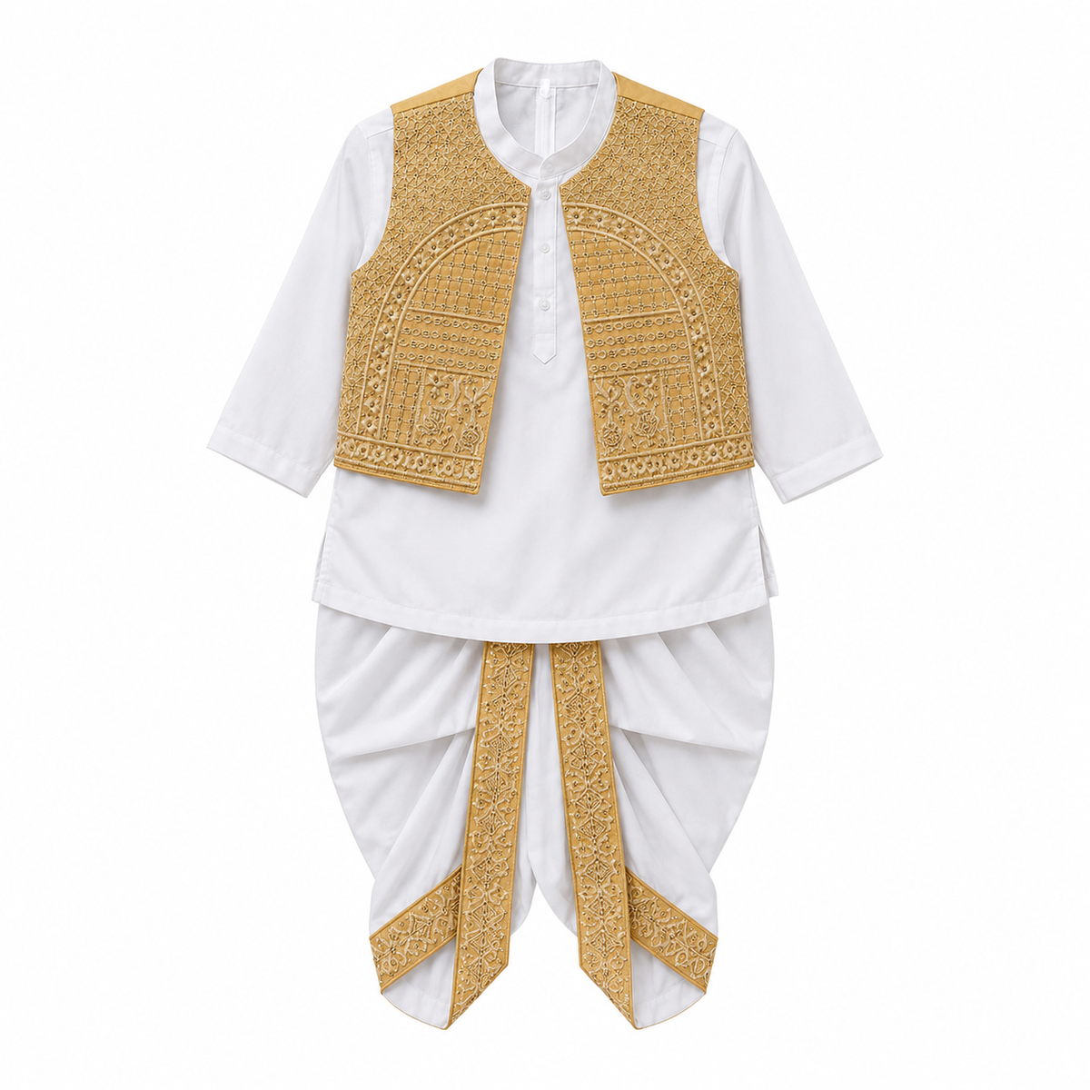 A traditional Indian outfit for boys, featuring a white kurta with three-quarter sleeves, white dhoti pants with gold embroidered borders, and a gold embroidered vest draped over the shoulders.