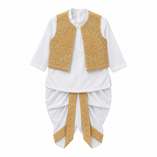 A traditional Indian outfit for boys, featuring a white kurta with three-quarter sleeves, white dhoti pants with gold embroidered borders, and a gold embroidered vest draped over the shoulders.