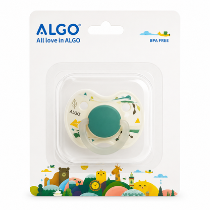 ALGO baby pacifier in its retail blister packaging, featuring a white and green patterned pacifier with a teal center, on a white background with colorful animal illustrations at the bottom.