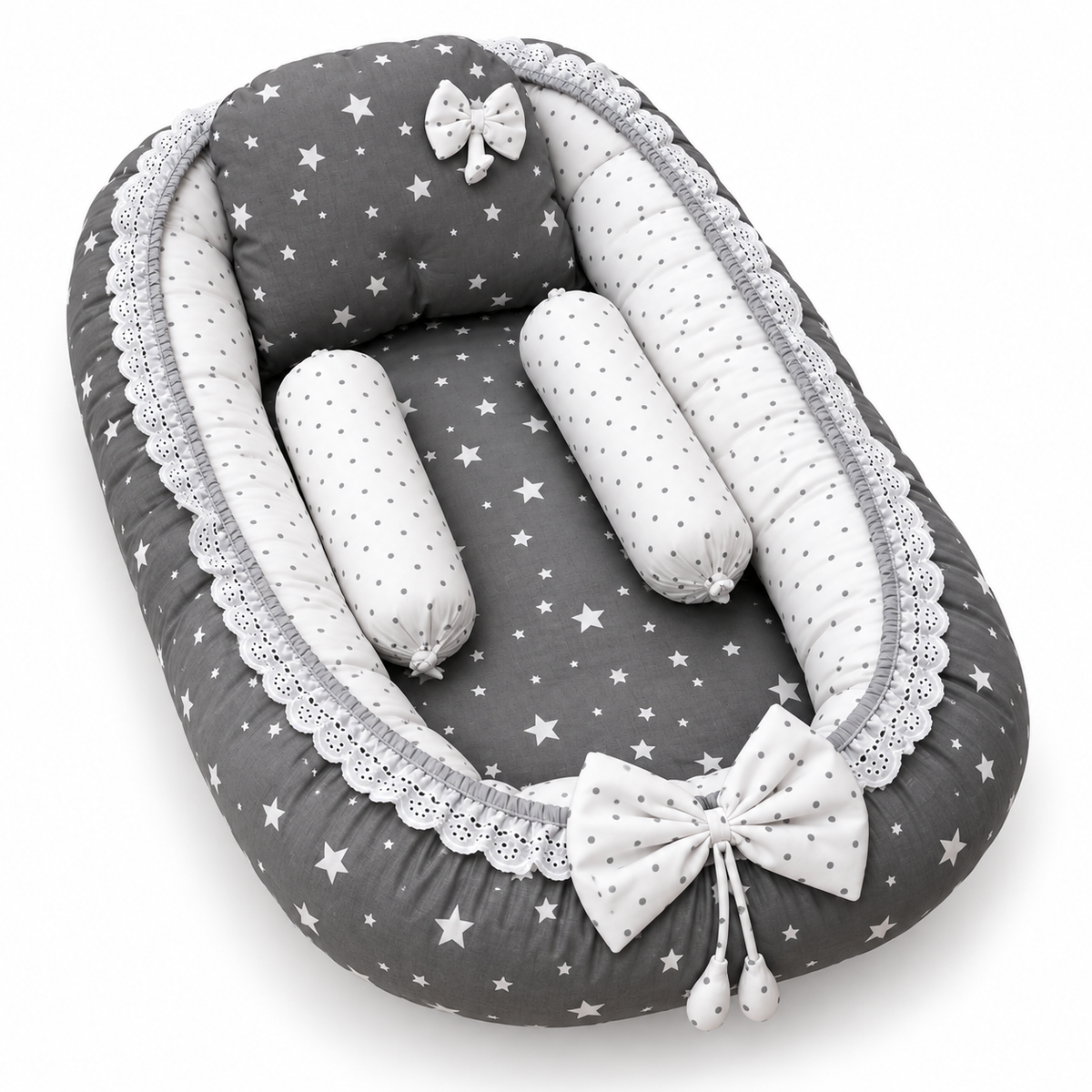 Angled grey star print baby snuggle bed with matching pillow, two neck rolls and lace trim by BabyCo Pakistan