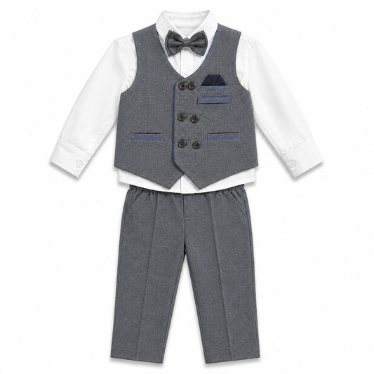 A children's formal outfit set consisting of a white long-sleeve dress shirt, a gray vest, matching gray trousers, a gray bow tie, and a dark blue pocket square, displayed on a white background.