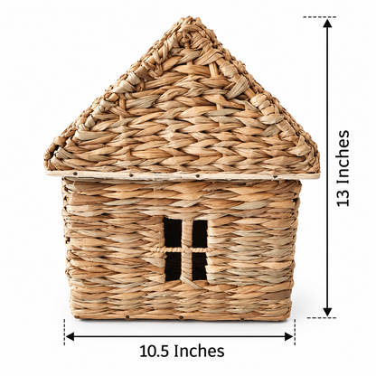 Handmade house-shaped woven gift basket with 13 inch height and 10.5 inch width