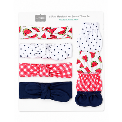 A 8-piece headband and scrunch mittens set , displayed on a white backing card. The set includes four watermelon print headbands, two white polka dot scrunch mittens, two red and white gingham scrunch mittens, and one solid navy blue headband.