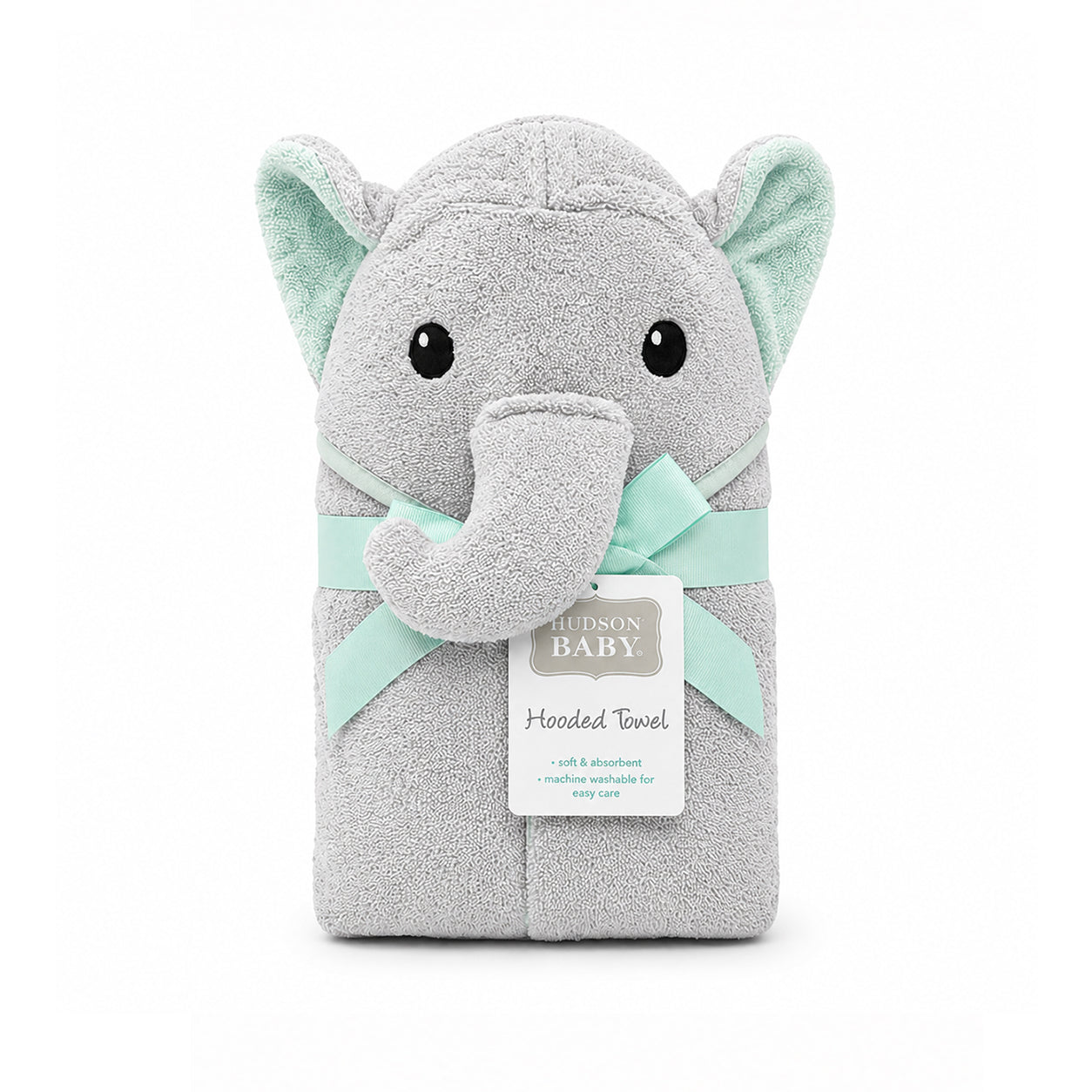 Gray elephant hooded towel with a label on a white background
