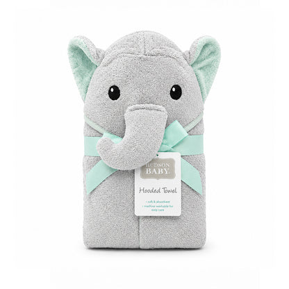 Gray elephant hooded towel with a label on a white background