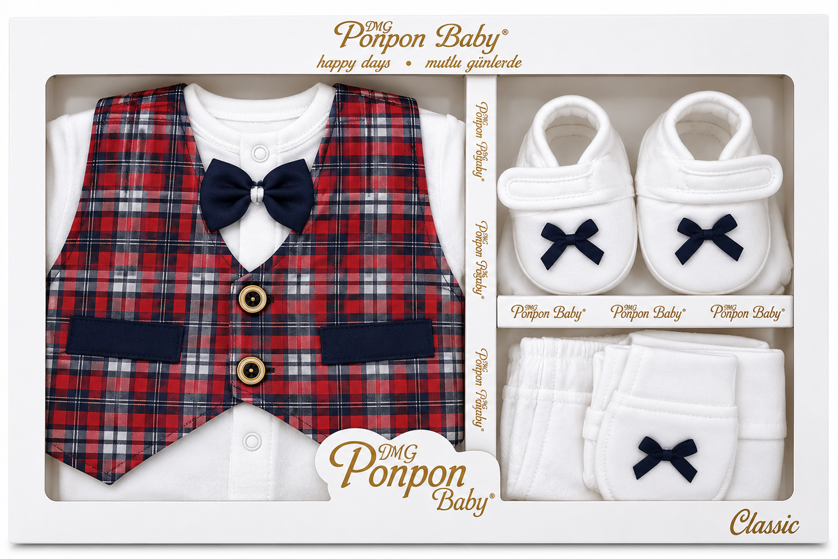 Ruby Tartan Little Gentleman newborn starter gift set with plaid outfit and matching booties