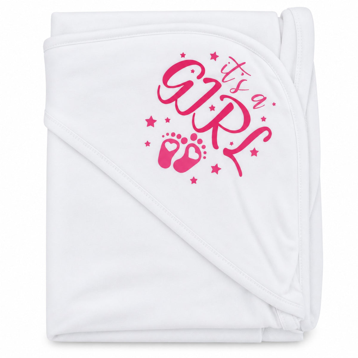 Little Star Steps hooded cotton baby wrapping sheet in white with pink footprints and stars