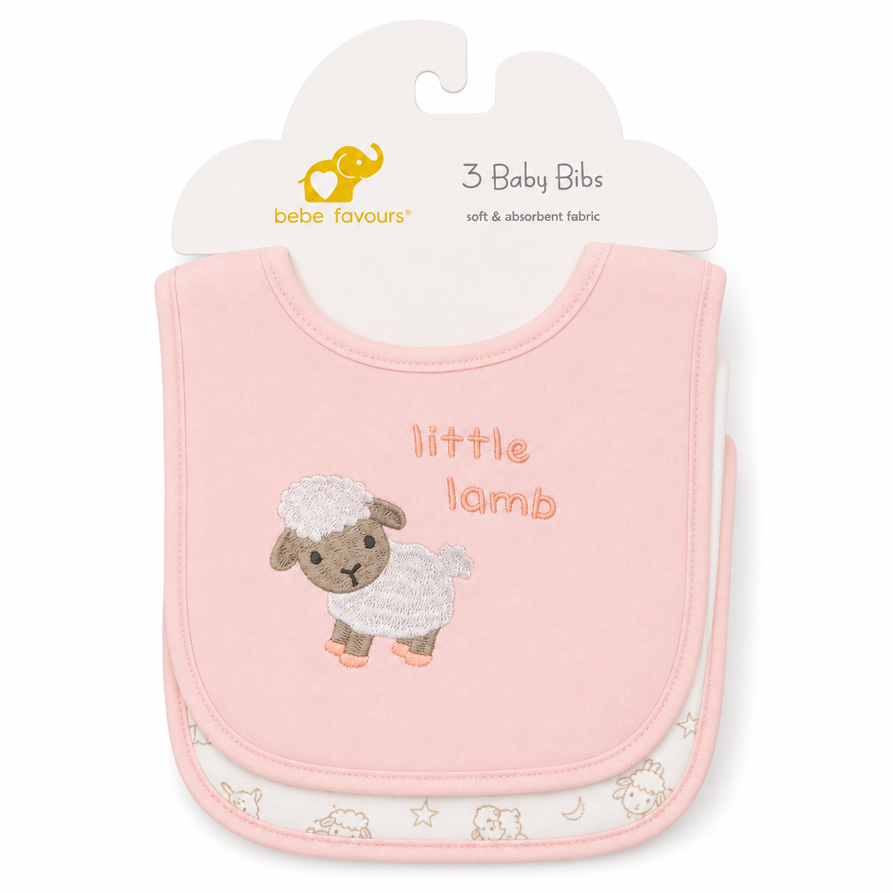 A pack of three baby bibs from bebe favours, featuring a light pink bib in front with an embroidered white lamb and the words 'little lamb'. The back of the card shows the other two bibs stacked behind it, all on a white background.