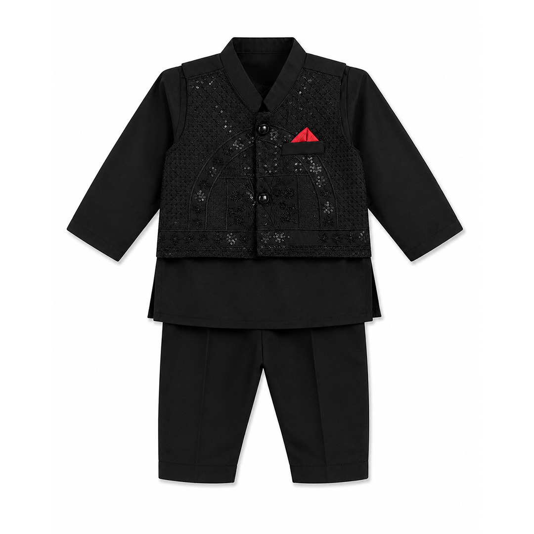A black traditional outfit set for a child, featuring a long-sleeve collared jacket with textured embroidery and a small red pocket square, paired with matching black trousers, shown on a plain white background.