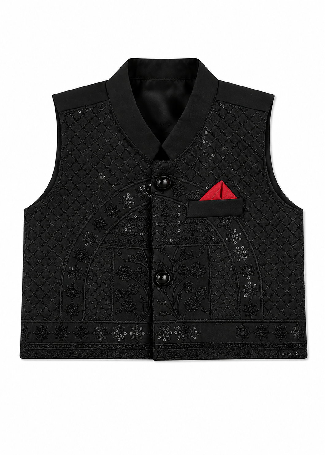 A black embroidered waistcoat with a mandarin collar, three front buttons, and a red pocket square, shown on a plain white background.