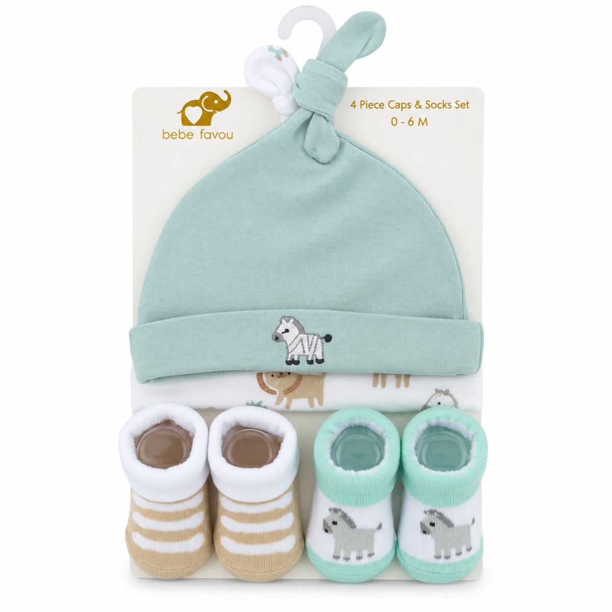 Mint green zebra baby cap and booties 4-piece set for babies 0-6 months