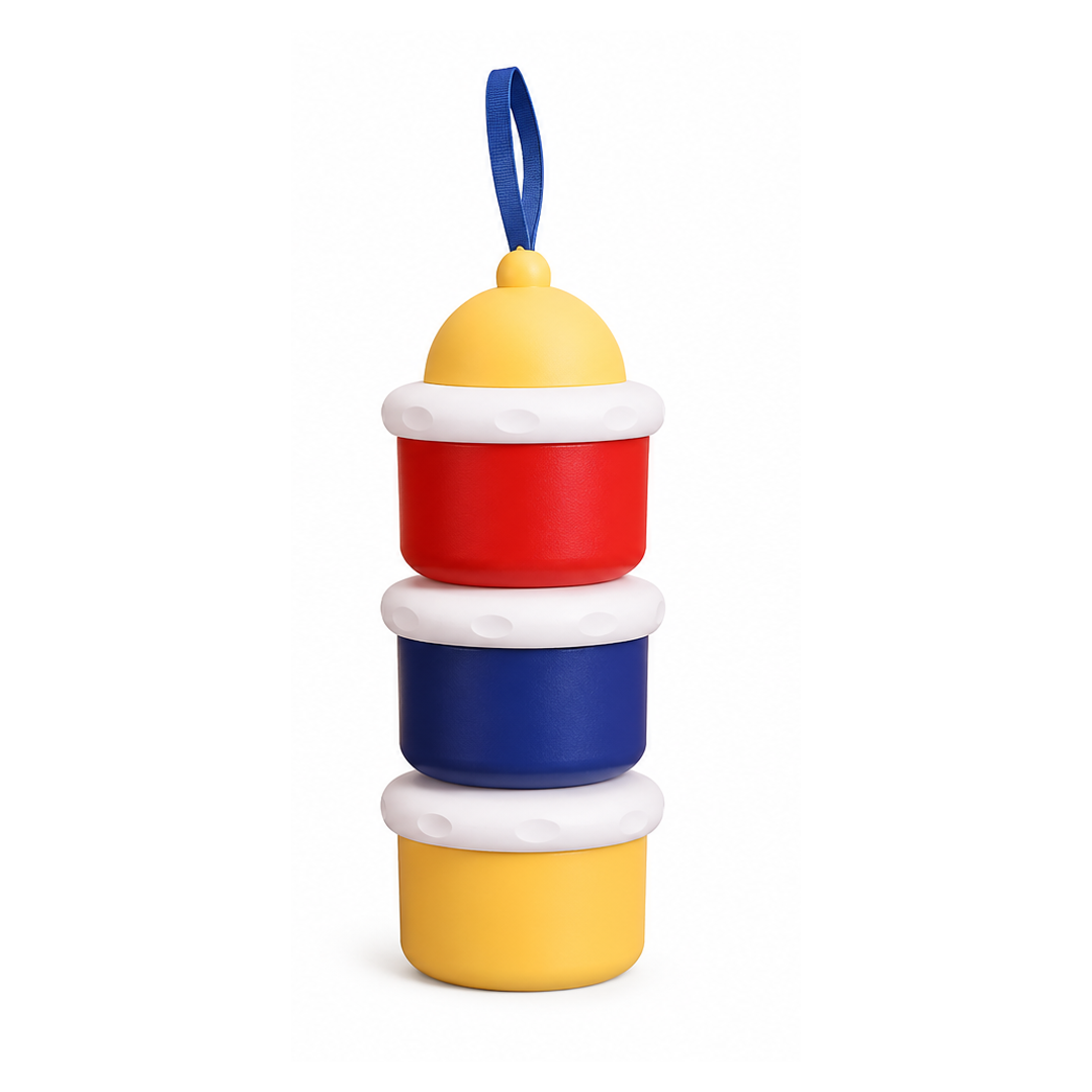 Stackable container with colorful design on a white background