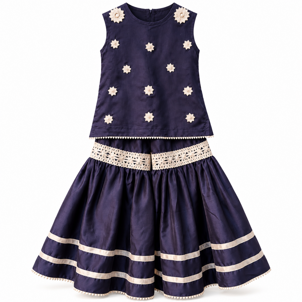 BabyCo navy blue cotton dhanak sleeveless kurti and flared sharara set with ivory floral embellishments and lace trim