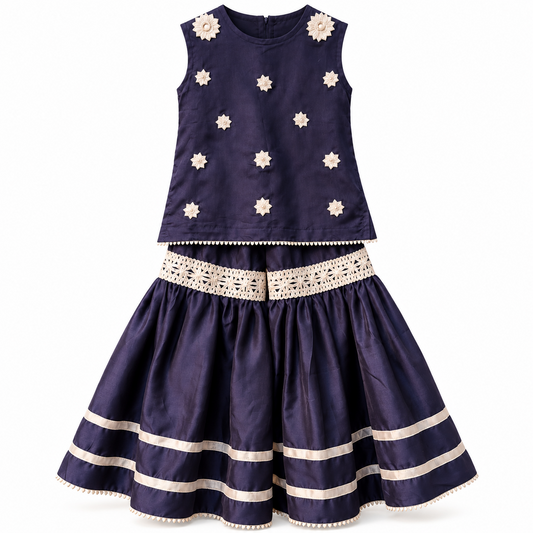 BabyCo navy blue cotton dhanak sleeveless kurti and flared sharara set with ivory floral embellishments and lace trim