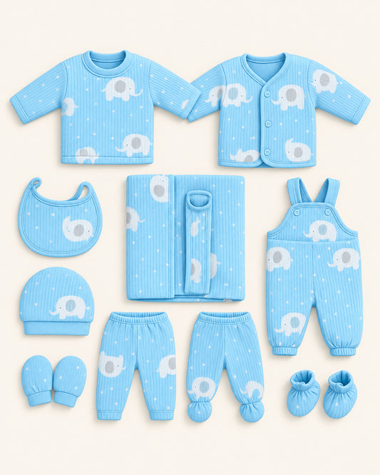 Premium blue elephant soft fleece 11-piece winter newborn set