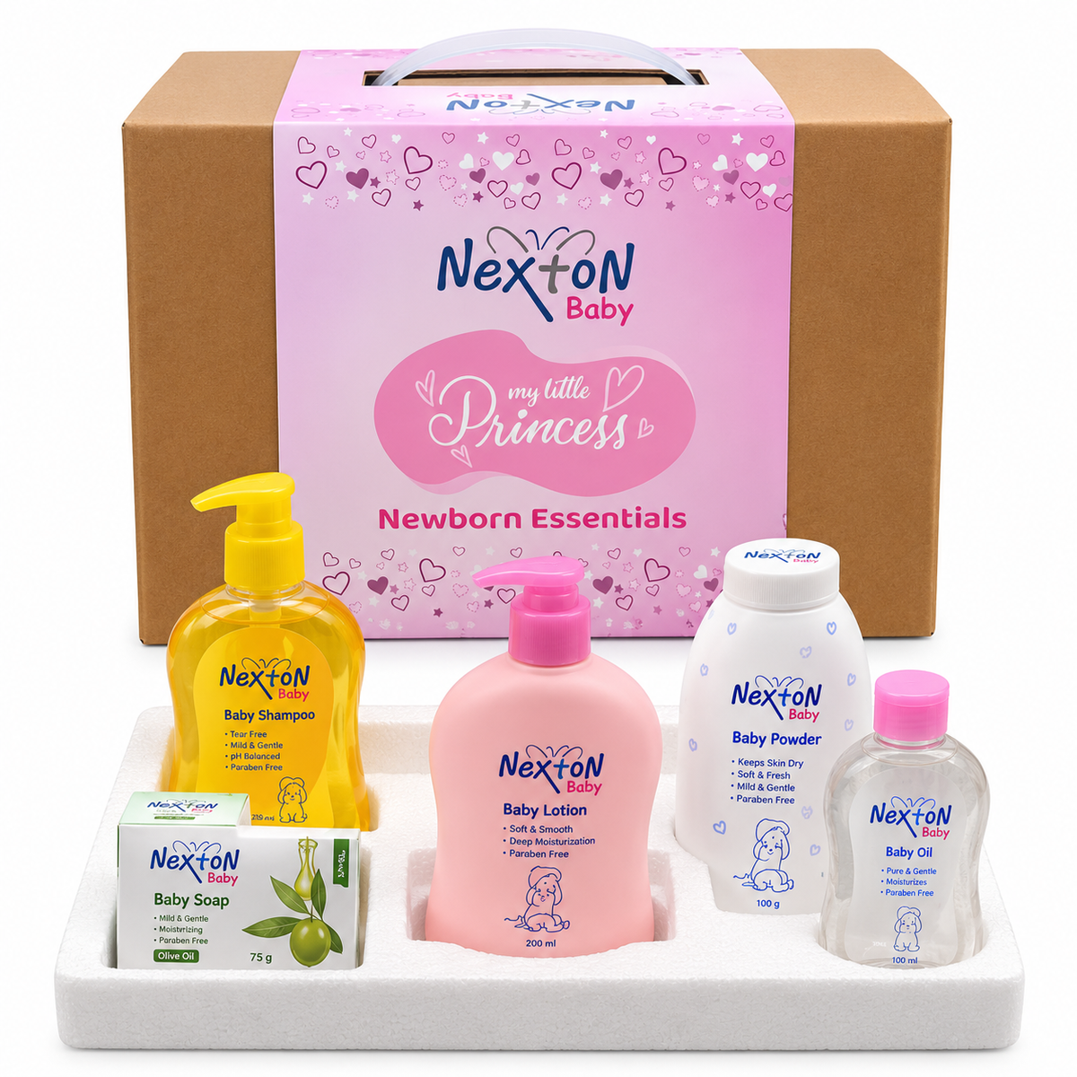 Nexton Baby Newborn Essentials gift set with baby toiletries in a pink gift box