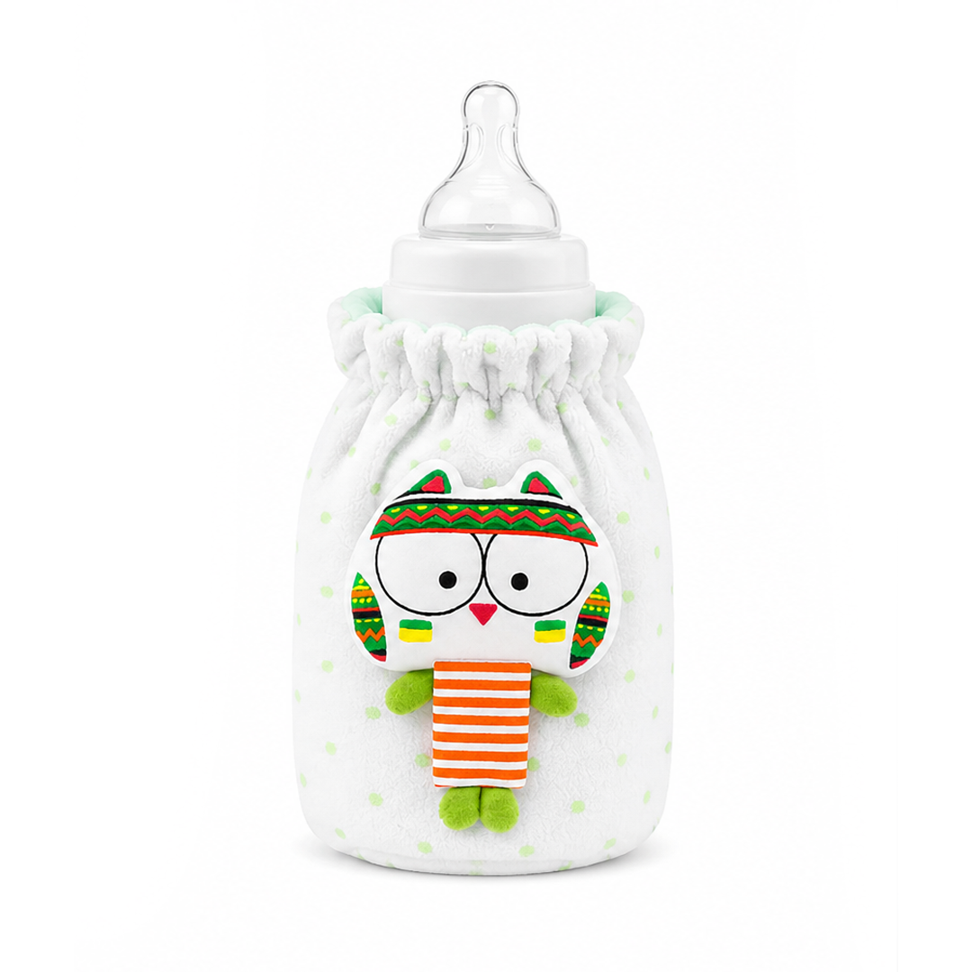 Baby bottle with a colorful owl design on a white background