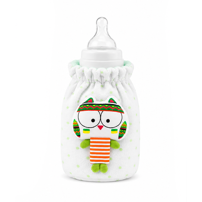 Baby bottle with a colorful owl design on a white background