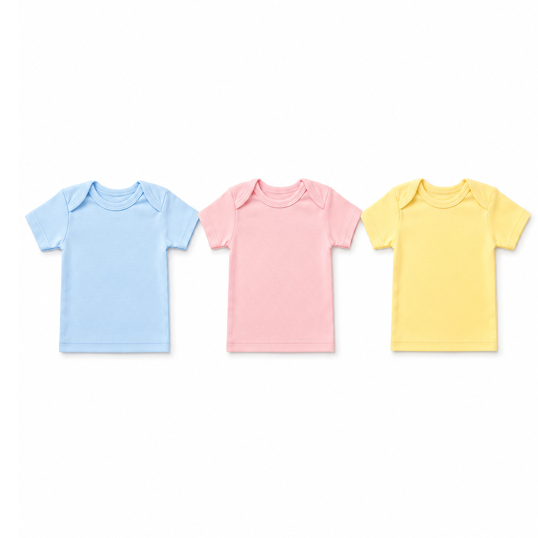 Three short-sleeve baby t-shirts in light blue, soft pink, and pale yellow, arranged side by side on a plain white background.