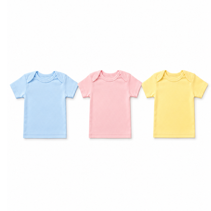 Three short-sleeve baby t-shirts in light blue, soft pink, and pale yellow, arranged side by side on a plain white background.
